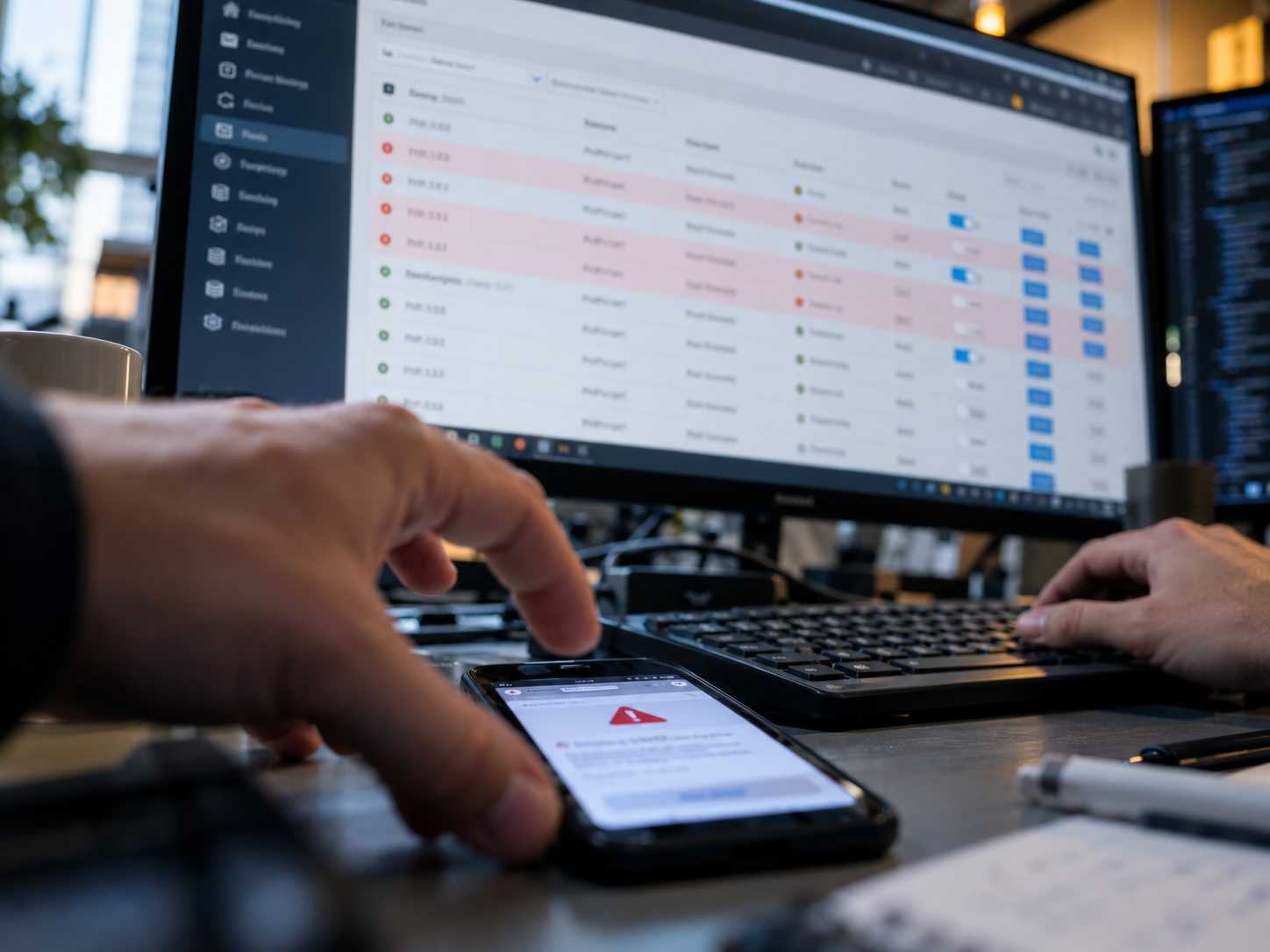 Foto: IT-Administrator prüft Systemstatus an einer Backup- und Monitoring-Konsole