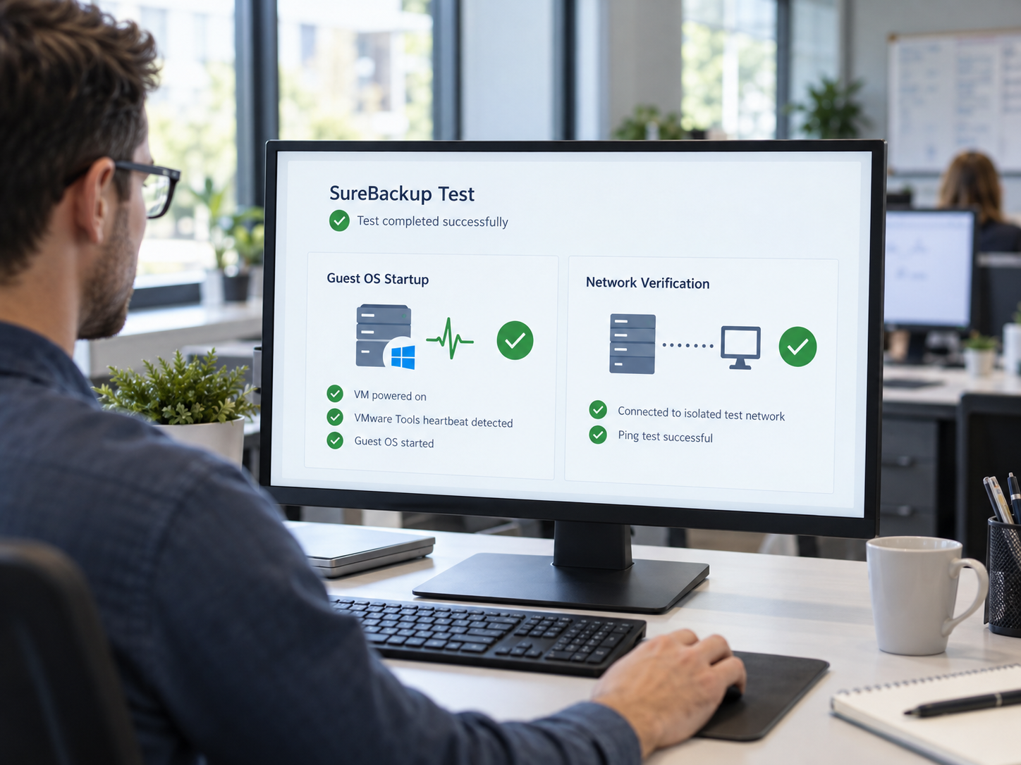 Foto: Nahaufnahme Administrator-Hände an Tastatur vor Monitoring-Dashboard mit Serverstatusanzeigen