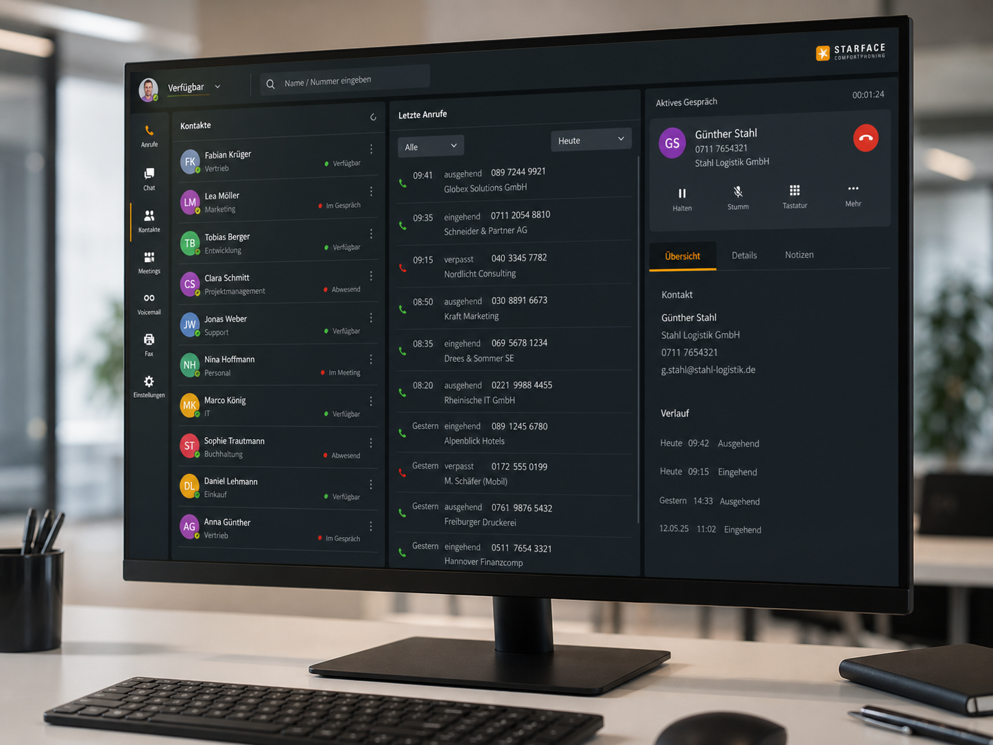 Screenshot der Starface UCI-Client Software auf einem Monitor