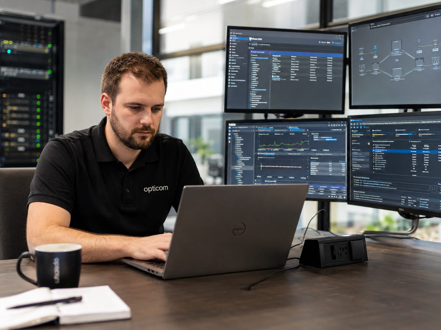 Foto: IT-Administrator überprüft VMware-Virtualisierungs-Dashboard auf einem großen Monitor in einem modernen Rechenzentrum