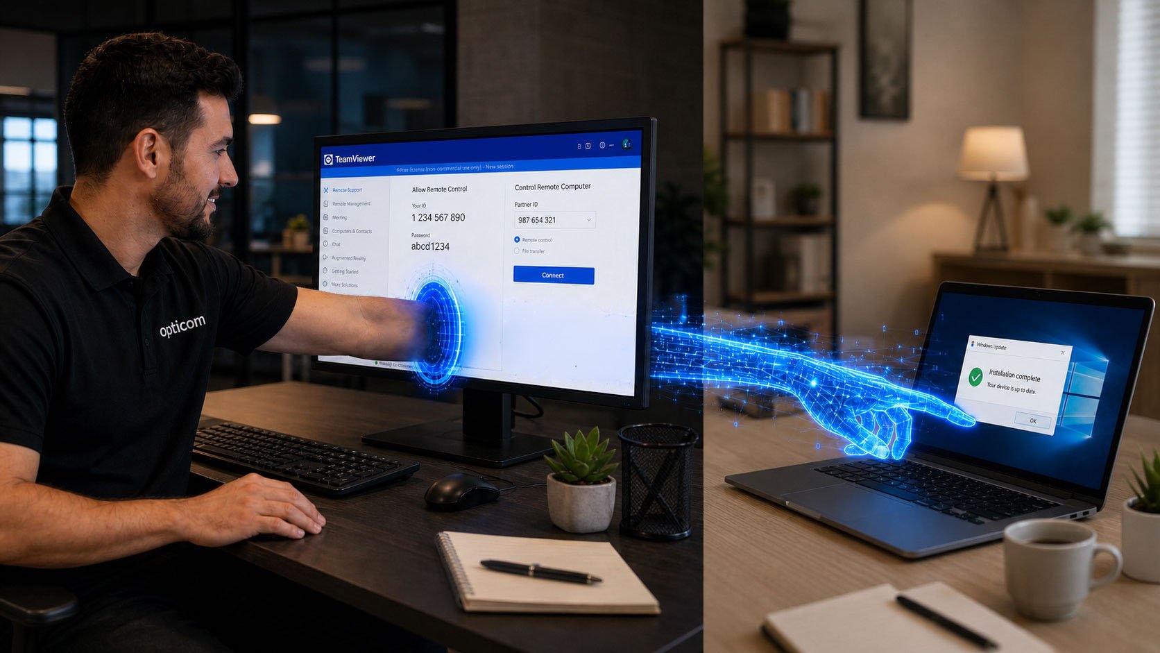 Foto: IT-Techniker bei Anwender-Support am Arbeitsplatz mit Notebook und Telefon