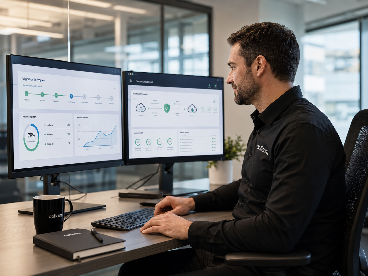 Foto: IT-Administrator konfiguriert Microsoft-365-Umgebung an zwei Monitoren im Büro