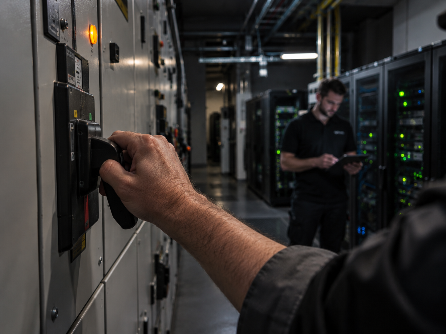 Foto: IT-Techniker mit Tablet im beleuchteten Serverraum, überwacht laufende Systeme