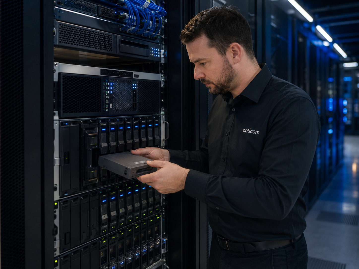 Foto: Modernes Rechenzentrum mit beleuchteten Racks und Storage-Systemen im professionellen RZ-Betrieb