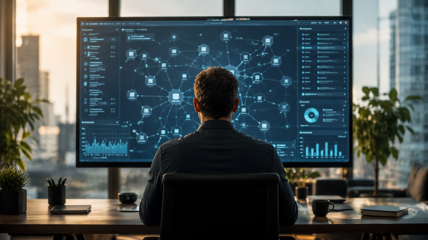Professionelle IT-Beratung mit Laptop und Sicherheitskonzept-Visualisierung im Hintergrund