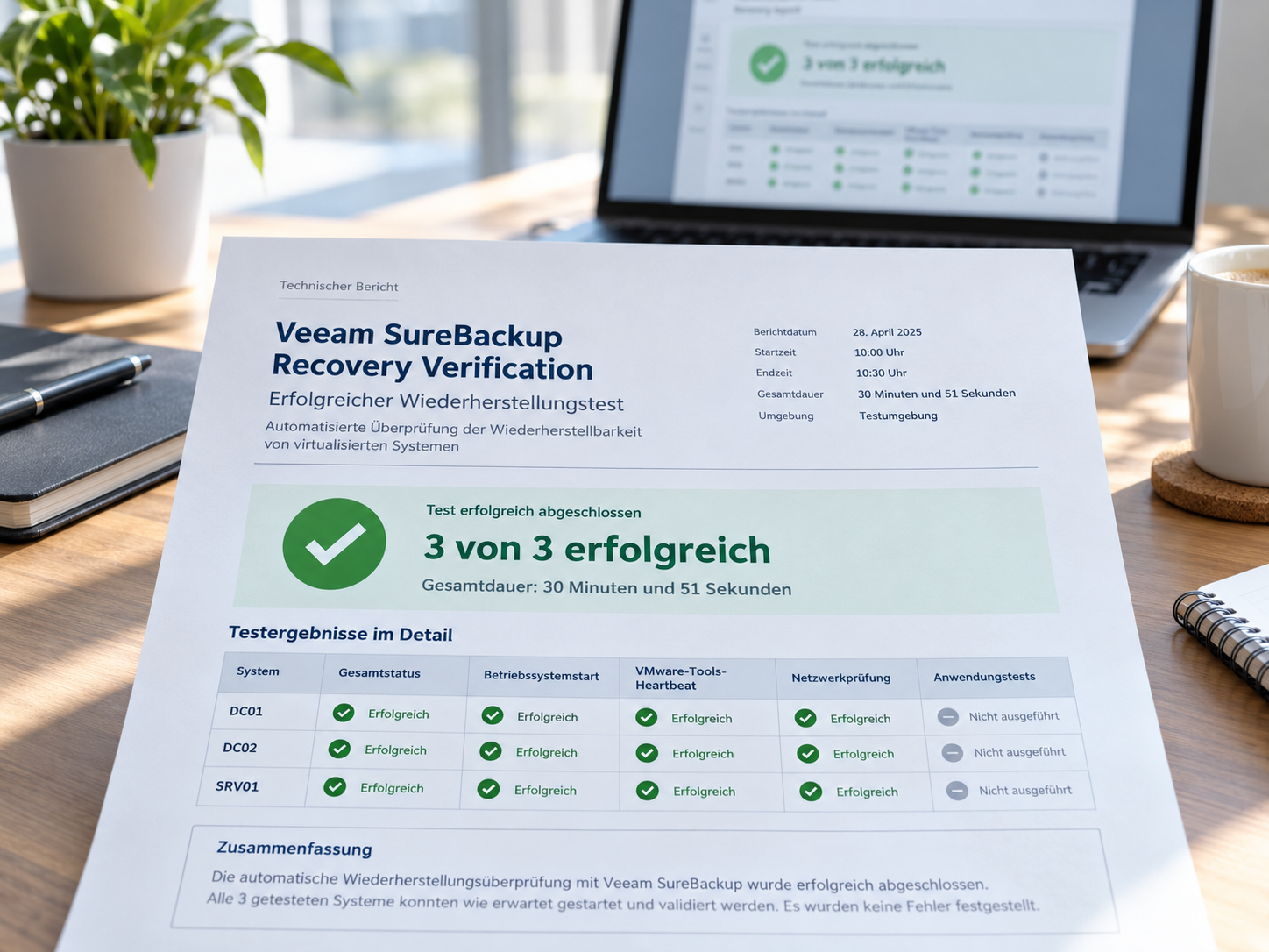 Foto: Administrator hält ausgedruckten IT-Prüfbericht, Büroumgebung mit Notebook und Kaffeetasse im Hintergrund