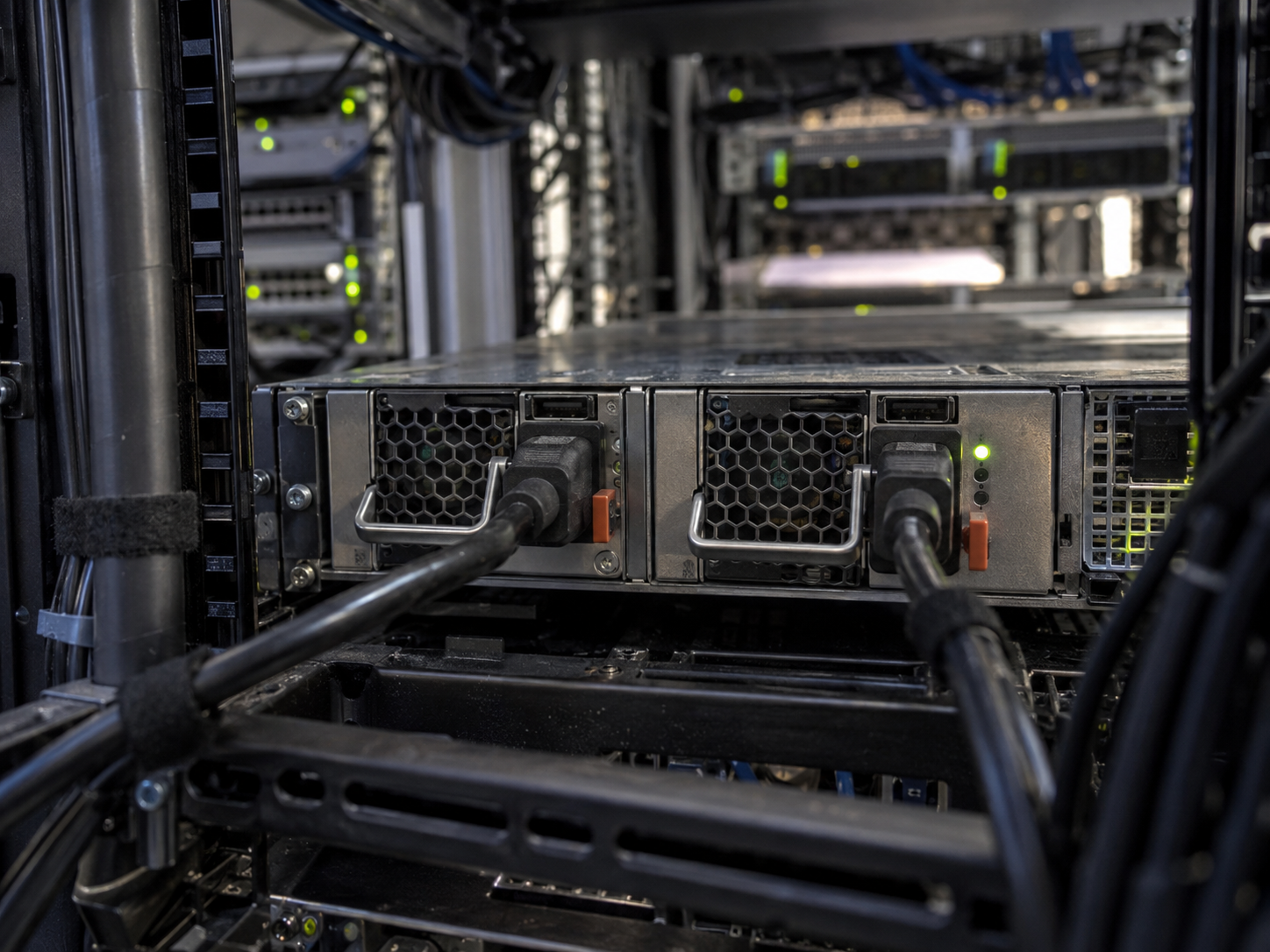 Foto: Strukturierte Netzwerk-Verkabelung in einem Patch-Panel, farblich geordnete Kabel