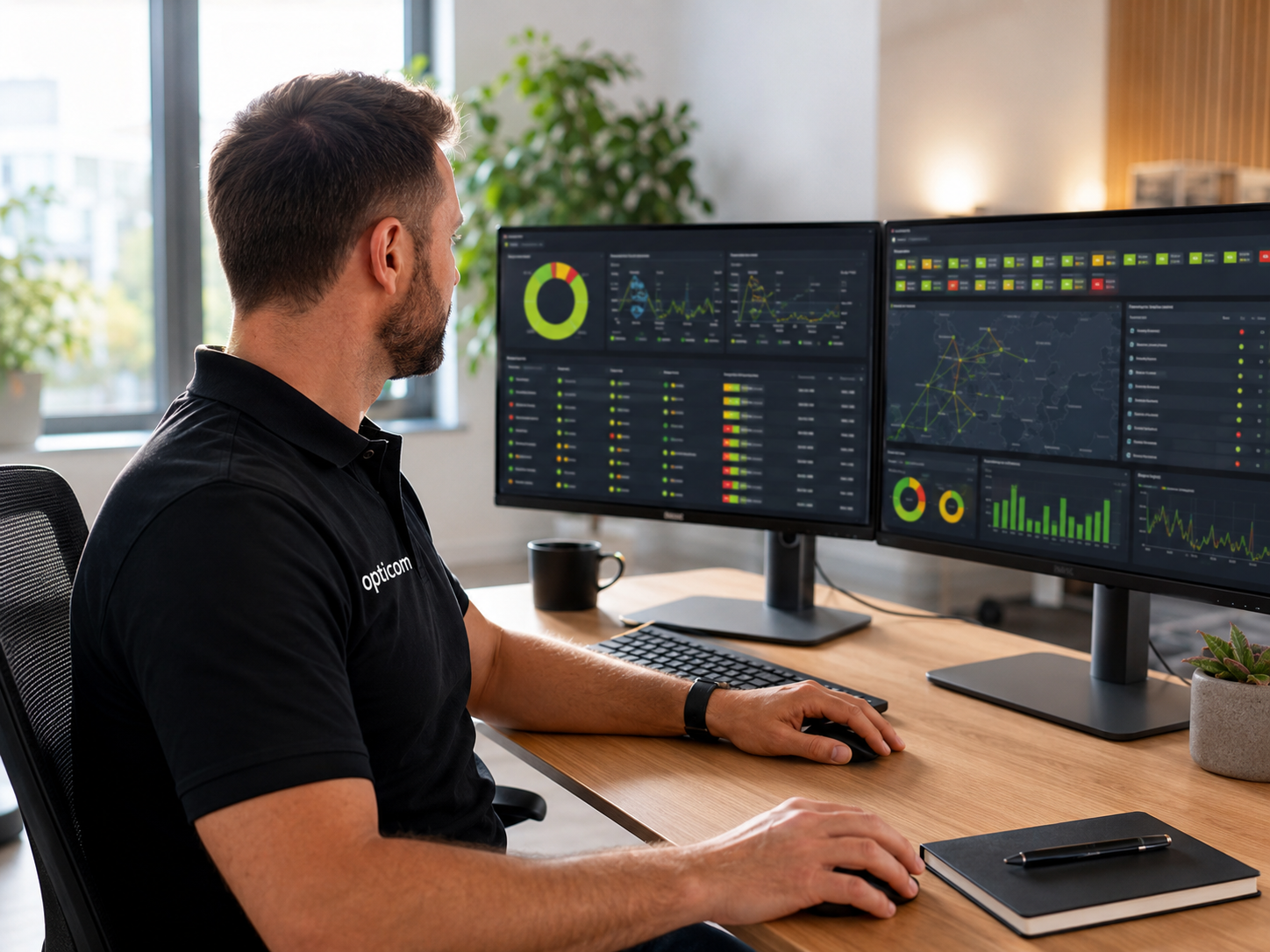 Foto: IT-Administrator beobachtet Monitoring-Dashboard auf mehreren Bildschirmen