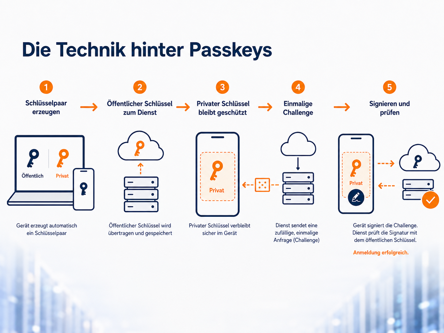 Infografik: Schematische Darstellung des Passkey-Anmeldeprozesses mit Onlinedienst, Browser und Authentikator