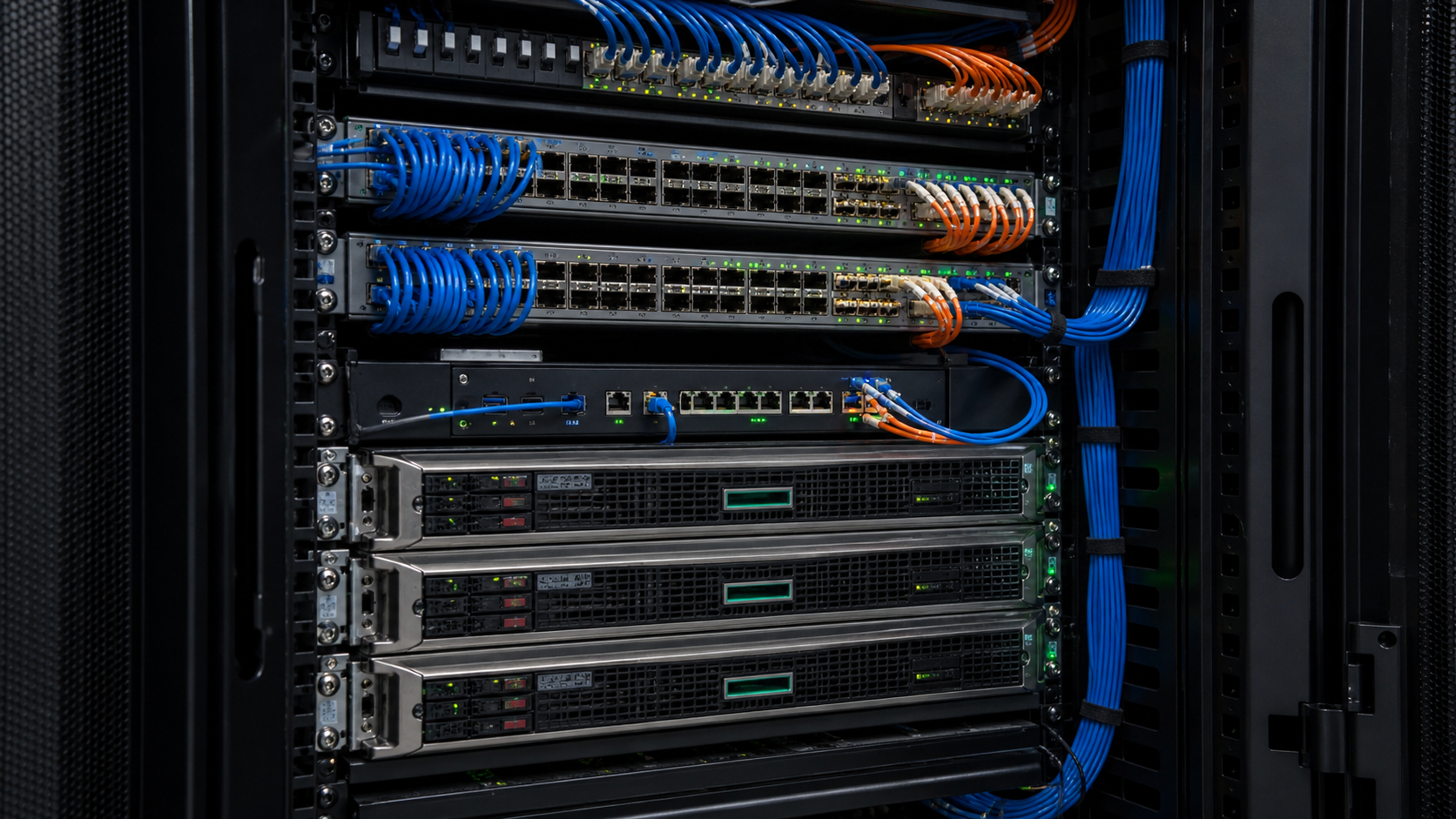 Serverschrank von innen mit HPE-ähnlichen Servern und Switch-Infrastruktur