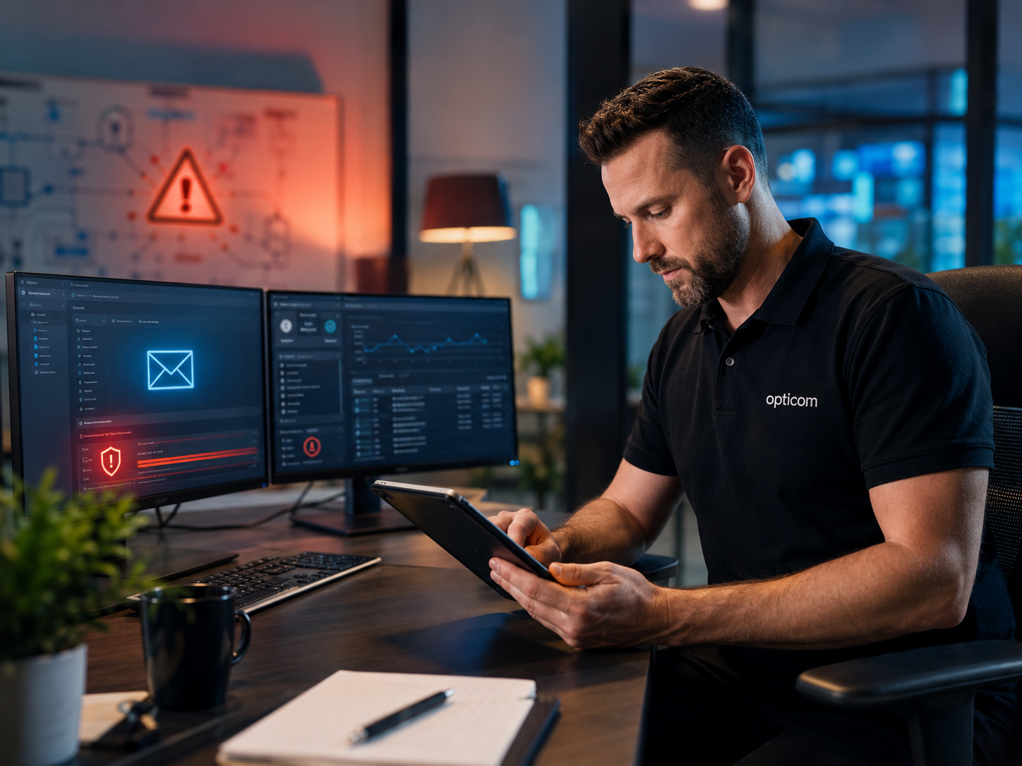 Foto: IT-Sicherheitsanalyst prüft Sicherheitsmeldungen auf zwei Monitoren